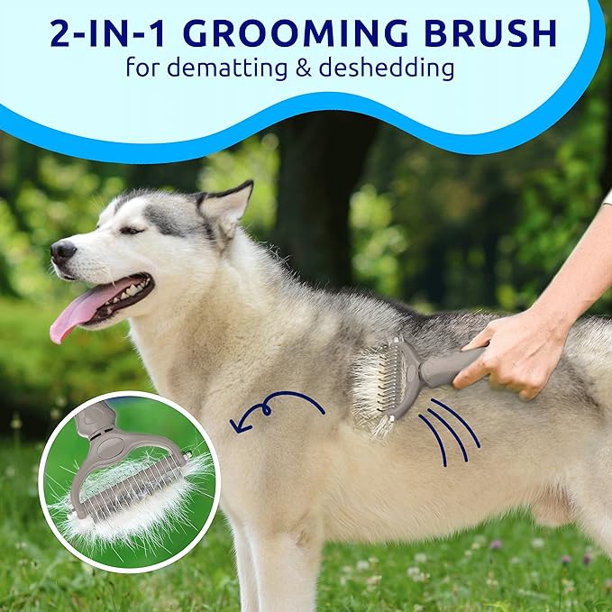 Pat your Pet Deshedding Dog Brush - Double Sided Undercoat Grooming Rake for Dogs & Cats, Dematting Comb and Shedding Tool, Extra Wide, Gray