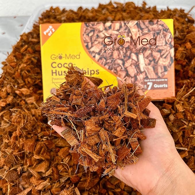 Coco Husk Chips 2s Brick Expands upto 14 Quarts Coconut Coir Chip 2.2lb, Best Mulching Medium for Plants - Gardening, Potting Soil Mix, Orchid Bark Alternative-OMRI Listed, Low EC, Balanced pH