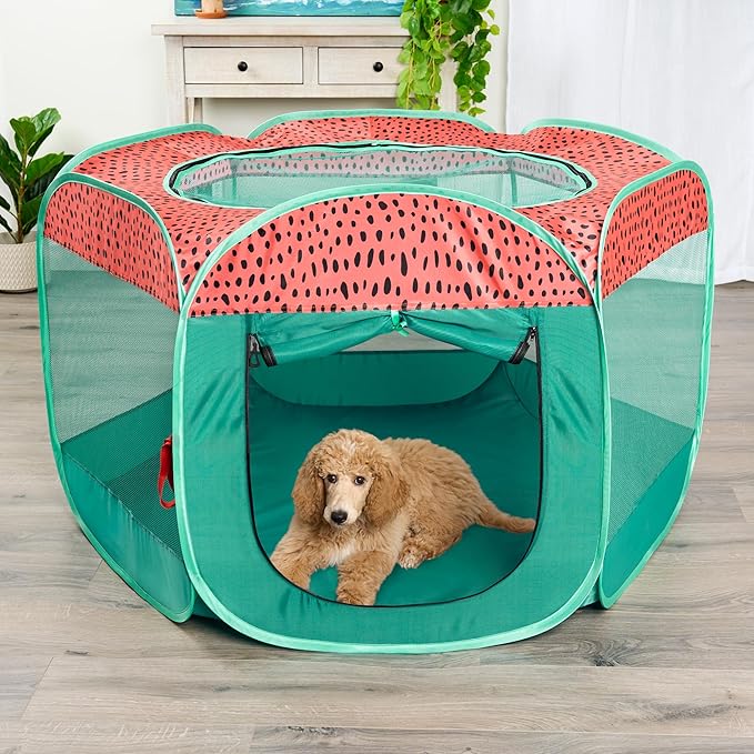 Furhaven Pop Up Playpen Pet Tent Playground - Green & Pink, Extra Large