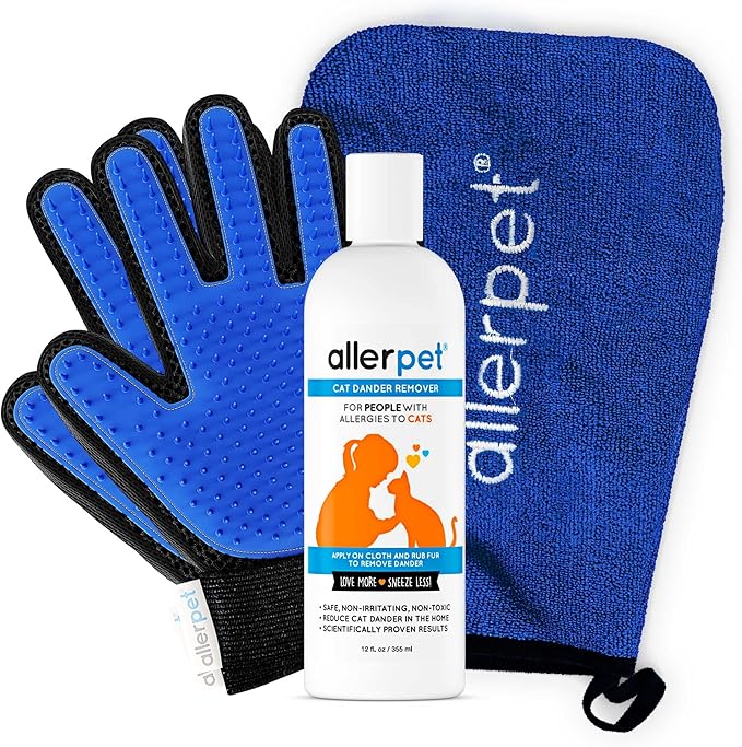 Allerpet Cat Dander Remover w/Free Pair of Grooming Gloves and Mitt - Effective Cat Dander Reduction, Anti Allergen Solution Made in USA - (12oz)