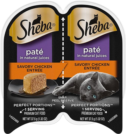 Sheba Wet Food PERFECT PORTIONS Paté Adult Wet Cat Food Trays (24 Count, 48 Servings), Savory Chicken Entrée, Easy Peel Twin-Pack Trays