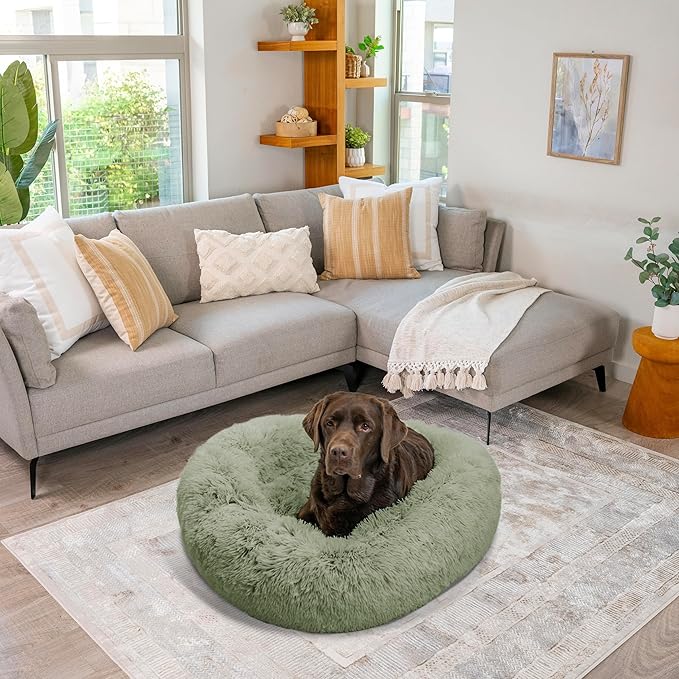 Best Friends by Sheri The Original Calming Donut Cat and Dog Bed in Shag Fur Sage, Large 36"