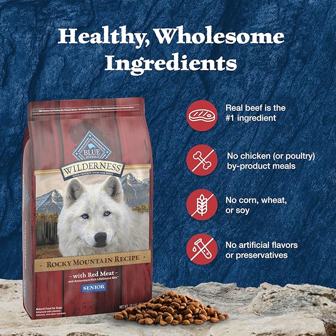 Blue Buffalo Wilderness Rocky Mountain Recipe High Protein, Natural Senior Dry Dog Food, Red Meat with Grain 28 lb bag