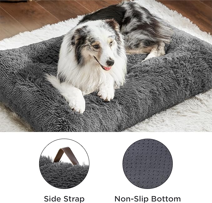 Bedsure Large Dog Bed Washable, Plush Calming Dog Crate Beds for Large Breed, Fulffy Dogs Sleeping Mat, Anti-Slip Pet Kennel Pad, 35" x 23", Dark Grey