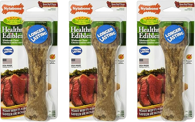 Nylabone 3 Pack of Healthy Edibles Chew Treats, Souper, Roast Beef Bones for Dogs Over 50 Pounds, Made in the USA