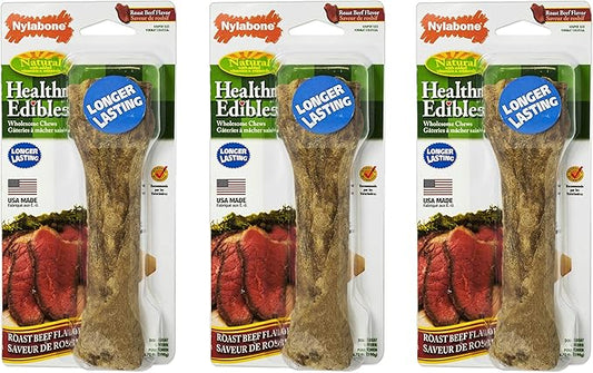 Nylabone 3 Pack of Healthy Edibles Chew Treats, Souper, Roast Beef Bones for Dogs Over 50 Pounds, Made in the USA