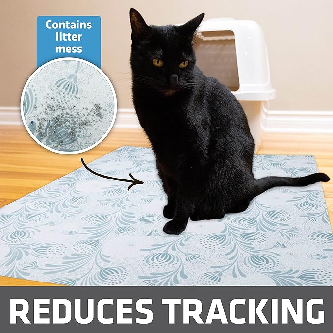 Drymate Original Cat Litter Mat, Contains Mess from Box, Protects Floors, Urine-Proof, Machine Washable, Soft on Kitty Paws, Absorbent, Waterproof (USA Made, Recycled Content) (29”x36”)(Blue Floral)