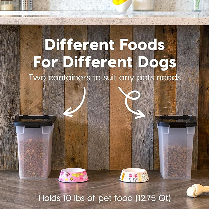 IRIS USA Airtight Dog Food Storage Container, Up to 10 lbs Each, 2 Pack, for Dog Cat Bird and Other Pet Food Storage Bin, Keep Fresh, Translucent Body, BPA Free, Clear/Black