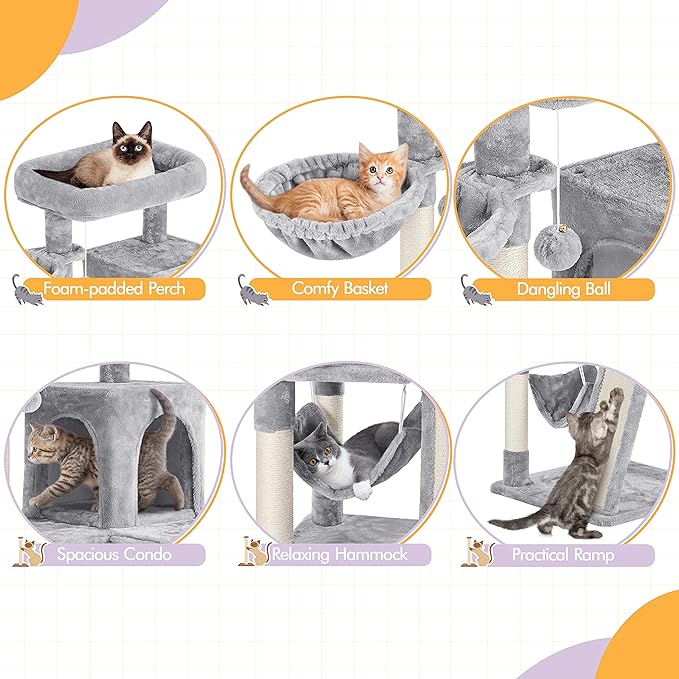 Yaheetech Cat Tree Cat Tower, 40-Inch Cat Condo with Oversized Soft Platform, Scratching Board, Basket and Hammock, Cat Furniture for Kittens Cats Pets, Light Gray