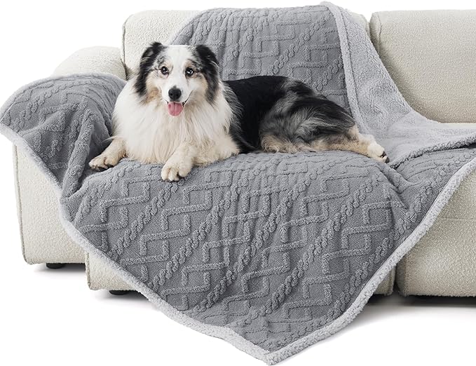 Bedsure Waterproof Dog Blankets for Large Dogs - Pet Blanket for Couch Protector Washable, Premium Jacquard Coral Fleece Cat Throw Blanket, Soft Plush Reversible Furniture Protection, 50"x60", Grey