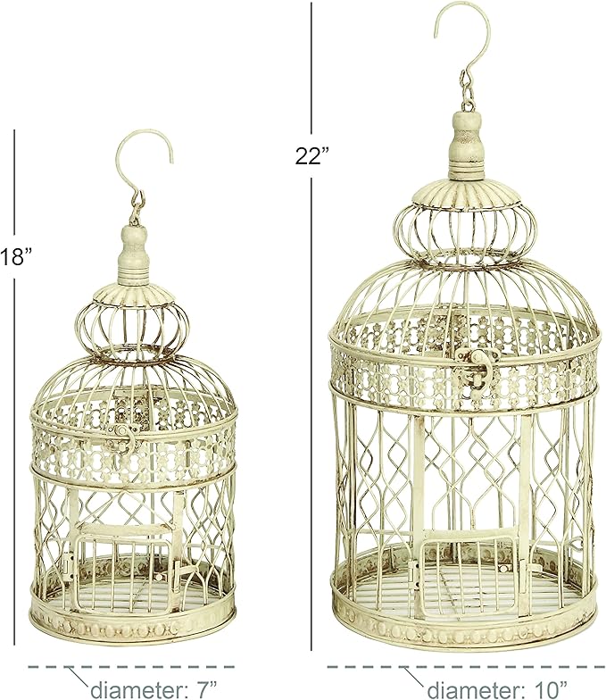Deco 79 Metal Round Birdcage with Latch Lock Closure and Hanging Hook, Set of 2 22", 18"H, Cream