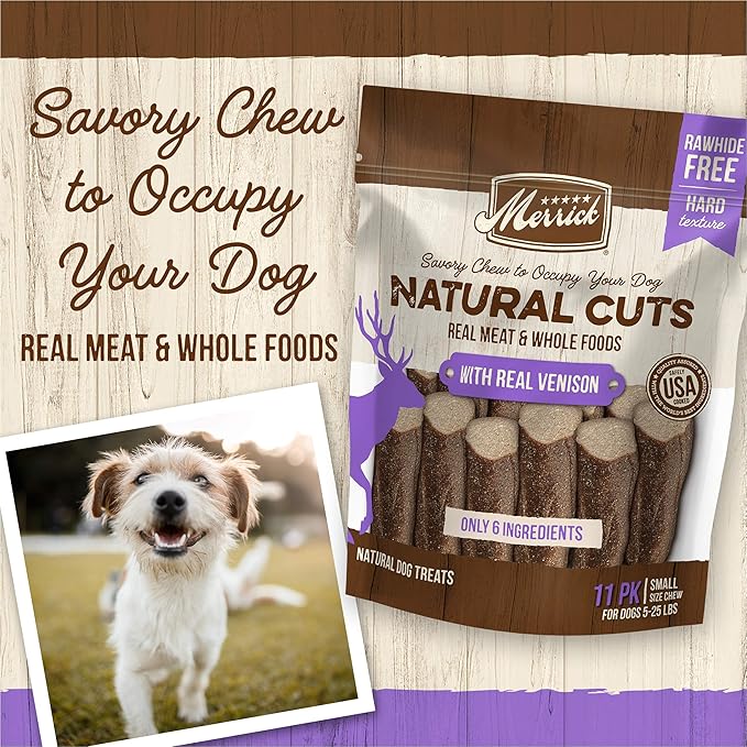Merrick Natural Cuts Chicken Free Non Rawhide Small Dog Treats, Hard Texture Chew Sticks With Real Venison - 11 ct. Pouch