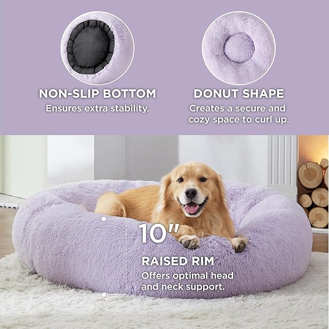 Bedsure Calming Dog Bed for Extra Large Dogs - Donut Washable Large Pet Bed, 45 inches Anti-Slip Round Fluffy Plush Faux Fur Dog Bed, Fits up to 125 lbs Pets, Purple