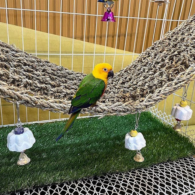 Bird Seagrass Mat,Natural Grass Woven Net Hammock Parakeet Chew Toys Trimming Cage Accessories Climbing Rope Ladder with Hooks Lovebird Cockatiel Conure Budgie,Size 28.3" X 6.7"