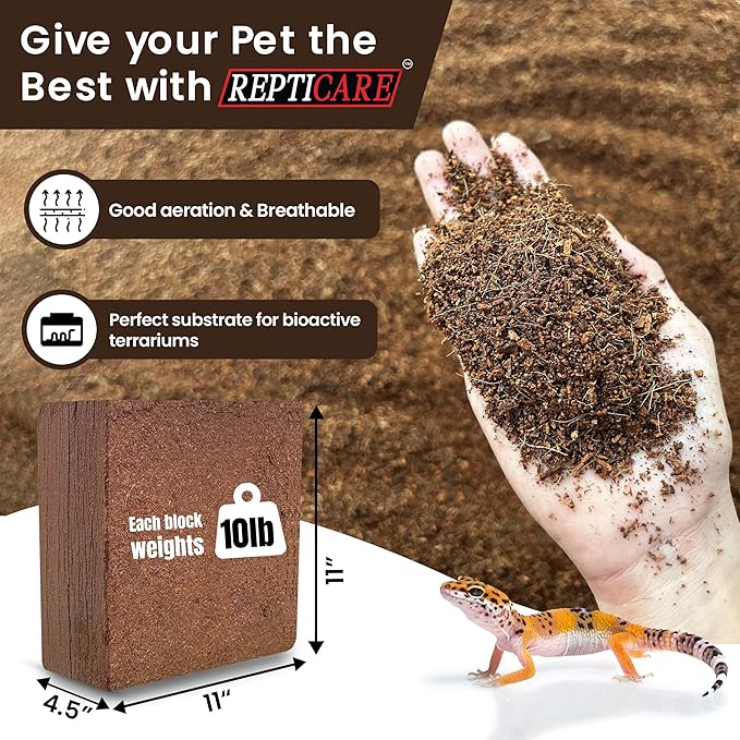 ReptiCare Organic Coconut Coir Compressed 10lb Block - Expands to 80 Quarts, Ideal Coconut Fiber Bedding for Ball Pythons, Bearded Dragons, Lizards, Tortoises, Hermit Crabs, and Bioactive Terrariums