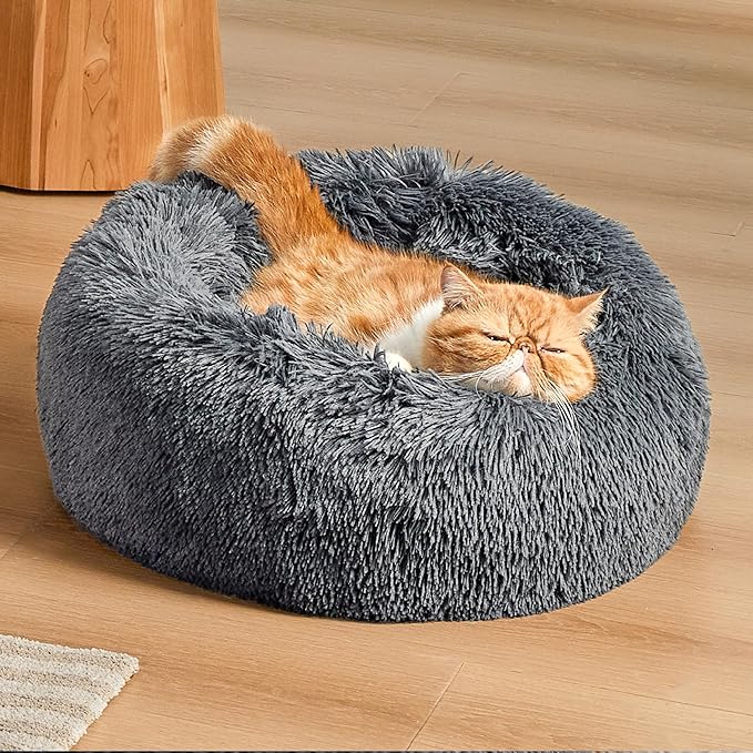 Bedsure Calming Cat Beds for Indoor Cats - Small Cat Bed Washable 20 inches, Anti-Slip Round Fluffy Plush Faux Fur Pet Bed, Fits up to 15 lbs Pets, Dark Grey