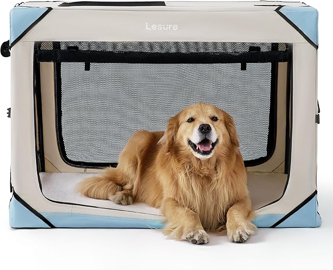 Lesure Collapsible Dog Crate - Portable Dog Travel Crate Kennel for Extra Large Dog, 4-Door Pet Crate with Durable Mesh Windows, Indoor & Outdoor (Beige)