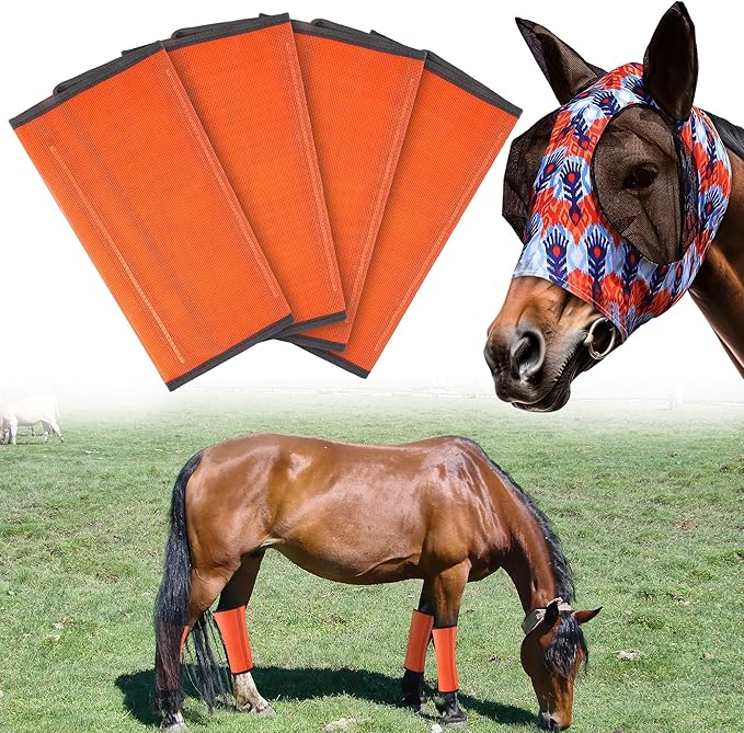 Fly Boots for Horses Set of 4 with Horse Fly Mask, Adjustable Horse Fly Boots Stops Stomping Fly Leg Wraps for Horses, Horse Leg Fly Protectors Breathable Fly Masks for Horses with Ears (Orange)