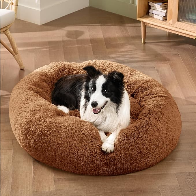 Bedsure Calming Dog Bed for Large Dogs - Donut Washable Large Pet Bed, 36 inches Anti-Slip Round Fluffy Plush Faux Fur Dog Bed, Fits up to 100 lbs Pets, Caramel