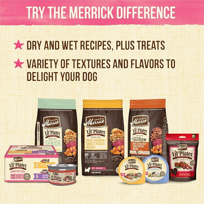 Merrick Lil’ Plates Petite Pates Premium Grain Free Wet Dog Food Variety Pack, Natural Beef, Chicken, Turkey - (Pack of 12) 3 oz. Cans