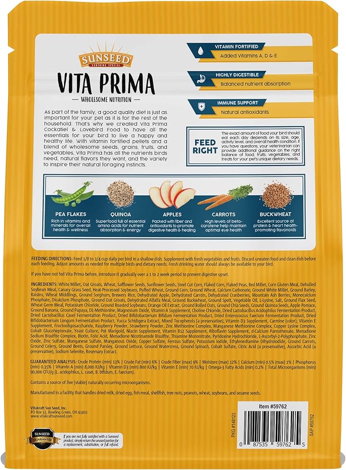 Sunseed Vita Prima Wholesome Nutrition, Cockatiel & Lovebird Food, 3 lb