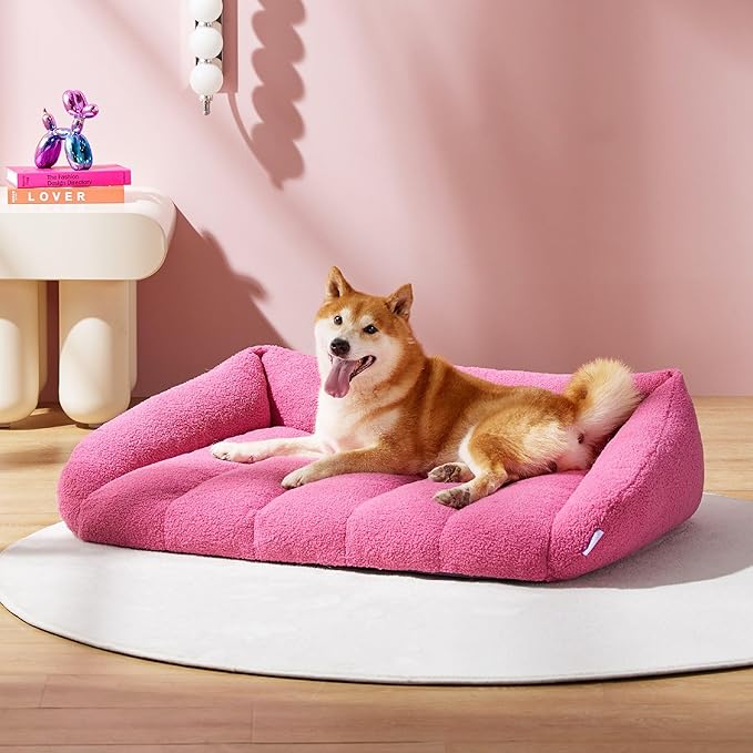 Lesure Orthopedic Dog Bed Sofa for Large Dogs, Waterproof Dog Couch with Removable Washable Cover, Cute Aesthetic Pet Sofa Couch with Egg Crate Foam(35" x 25" x 10.5", Pink)