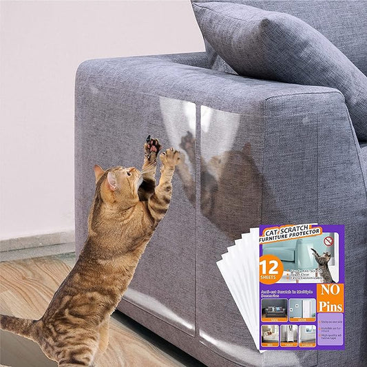 Anti Cat Scratch Furniture Protector-12 Pack Single Side Couch Protector for Cats, Self-Adhesive Cat Tape for Furniture, Clear Cat Scratch Deterrent for Furniture Door Walls (12P NO Pins)