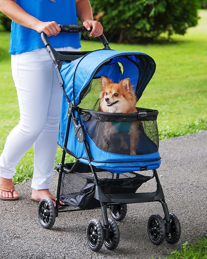 Pet Gear No-Zip Happy Trails Pet Stroller for Cats/Dogs, Zipperless Entry, Easy Fold with Removable Liner, Safety Tether, Storage Basket + Cup Holder, 3 Colors