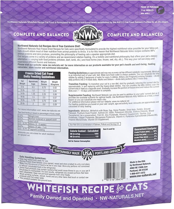 Northwest Naturals Freeze-Dried Whitefish Cat Food - Bite-Sized Nibbles - Healthy, Limited Ingredients, Human Grade Pet Food, All Natural - 11 Oz (Packaging May Vary)