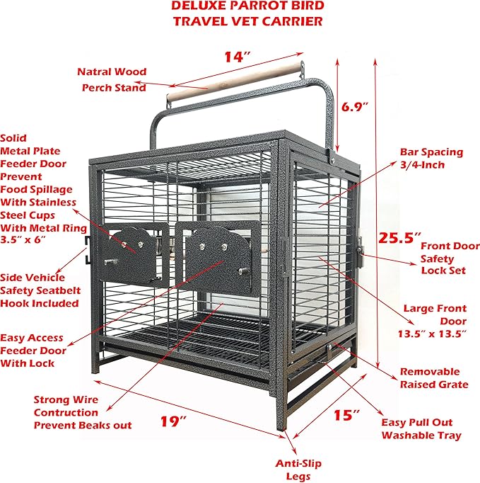 Portable Durable Heavy Duty Travel Veterinary Bird Parrot Carrier Cage Feeding Bowl Play Wooden Stand Perch with Handle Prevent Beaks Out