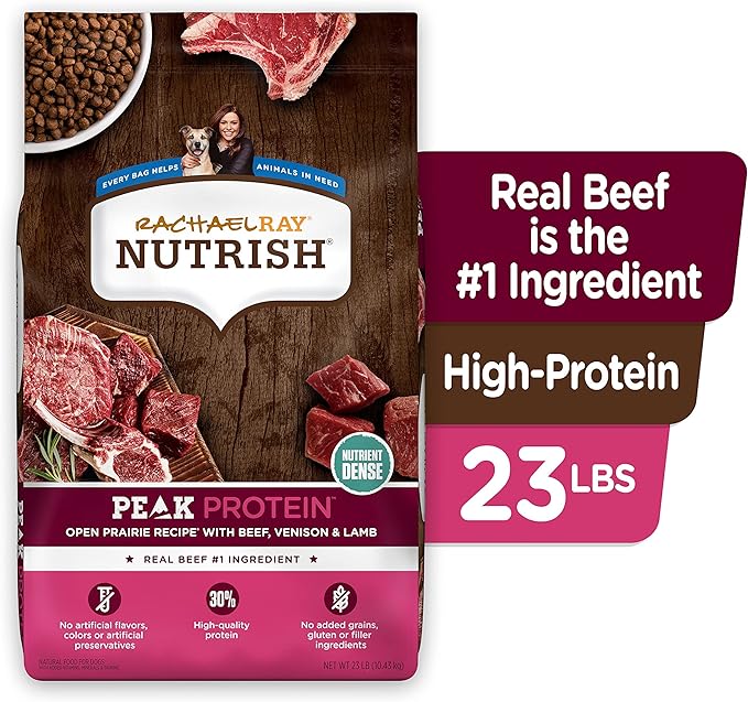 Rachael Ray Nutrish PEAK Natural Dry Dog Food with Added Vitamins, Minerals & Taurine, Open Prairie Recipe with Beef, Venison & Lamb, 23 Pounds, Grain Free (Packaging May Vary)