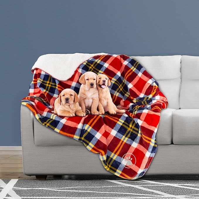 PETMAKER Waterproof Pet Blanket - 50x60 Reversible Plaid Dog Throw Protects Couch, Car, Bed from Spills, Stains or Fur - Dog and Cat Blankets (Red)