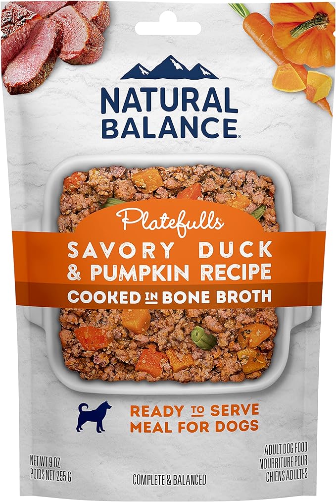 Natural Balance Platefulls Homestyle Adult Wet Dog Food, Savory Duck & Pumpkin Recipe Cooked in Bone Broth, 9 Ounce (Pack of 12)