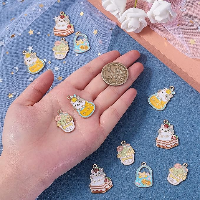 KitBeads 20pcs Mixed Styles Cat Charms Cute Enamel Cake Charms Alloy Animal Cartoon Cat Tropical Cactus Charms for Jewelry Making Bracelets Necklace