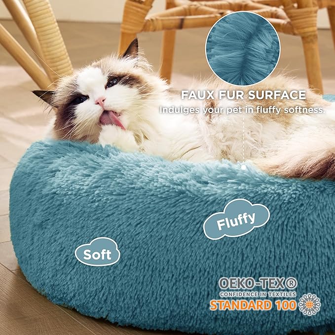 Bedsure Calming Cat Beds for Indoor Cats - Small Cat Bed Washable 20 inches, Anti-Slip Round Fluffy Plush Faux Fur Pet Bed, Fits up to 15 lbs Pets, Washed Blue