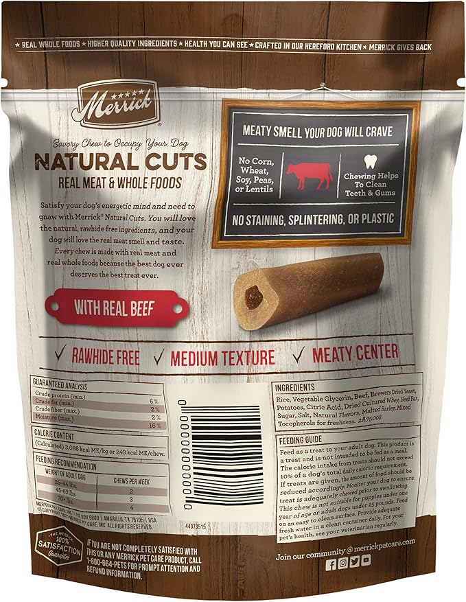 Merrick Natural Cuts Chicken Free Non Rawhide Medium Dog Chews, Medium Texture Chew Sticks With Real Beef - (Pack of 6) 4 ct. Pouches