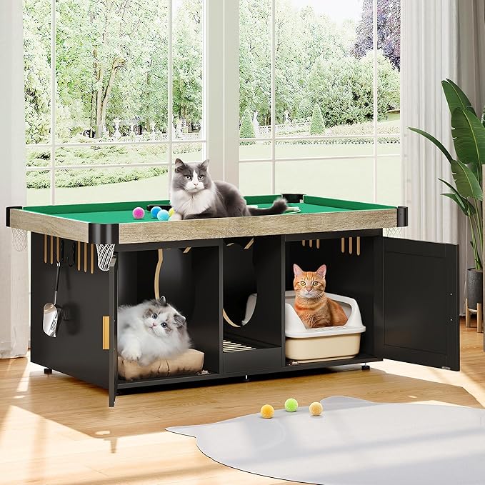 DWVO Cat Litter Box Enclosure for 2 Cats, Litter Box Enclosure Furniture Hidden with Double Room, 2-in-1 Wooden Cat Cabinet with Mini Pool Table Tower, 2 Feather Teaser Sticks & 8 Felt Balls, Black