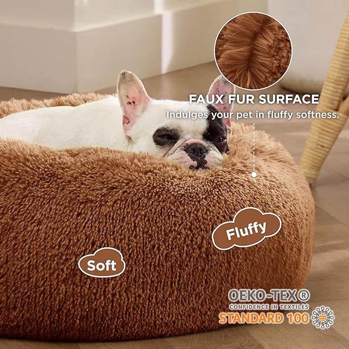 Bedsure Calming Dog Bed for Small Dogs - Donut Washable Small Pet Bed, 23 inches Anti-Slip Round Fluffy Plush Faux Fur Large Cat Bed, Fits up to 25 lbs Pets, Caramel