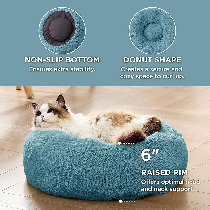 Bedsure Calming Cat Beds for Indoor Cats - Small Cat Bed Washable 20 inches, Anti-Slip Round Fluffy Plush Faux Fur Pet Bed, Fits up to 15 lbs Pets, Washed Blue