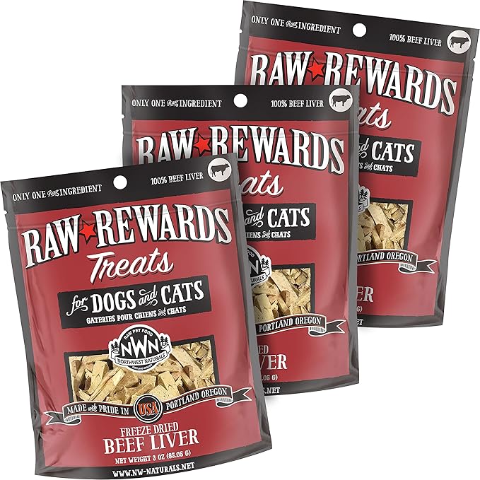 Northwest Naturals Raw Rewards Freeze-Dried Beef Liver Treats for Dogs and Cats - Bite-Sized Pieces - Healthy, 1 Ingredient, Human Grade Pet Food, All Natural - 3 Oz (Pack of 3) (Packaging May Vary)