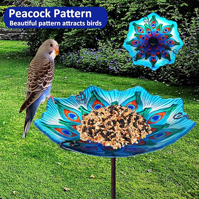 Bird Bath, Glass Bird Bath for Outside, Bird Feeders Bird Bath Bowl for Outdoors with Metal Stake, Peacock Bird Baths for Outdoors Décorations, Standing Small Birdbath for Outside Garden-Peacock Blue