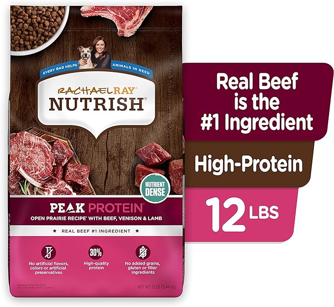 Rachael Ray Nutrish PEAK Natural Dry Dog Food with Added Vitamins, Minerals & Taurine, Open Prairie Recipe with Beef, Venison & Lamb, 12 Pounds, Grain Free (Packaging May Vary)