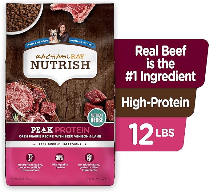 Rachael Ray Nutrish PEAK Natural Dry Dog Food with Added Vitamins, Minerals & Taurine, Open Prairie Recipe with Beef, Venison & Lamb, 12 Pounds, Grain Free (Packaging May Vary)