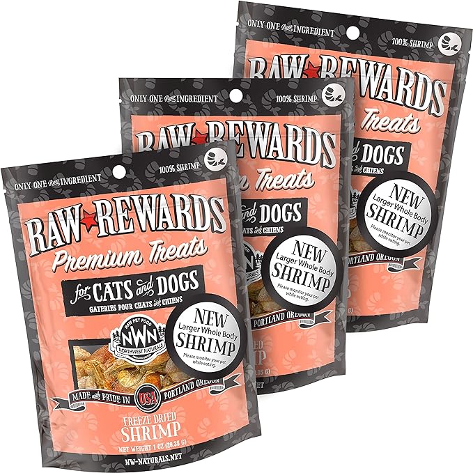 Northwest Naturals Raw Rewards Freeze-Dried Shrimp Treats for Dogs and Cats - Bite-Sized Pieces - Healthy, 1 Ingredient, Human Grade Pet Food, All Natural - 1 Oz (Pack of 3) (Packaging May Vary)