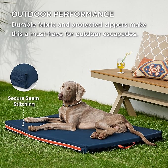 Bedsure Outdoor Waterproof Dog Bed with Heavy Duty Cover, Orthopedic Foam Supportive Dog Beds, Washable Dog Mat with Removable Cover for Large Dogs (44"x32", Navy Blue)