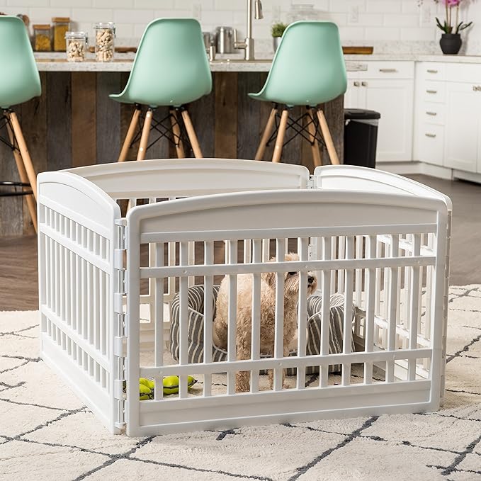 IRIS USA Dog Playpen, 4-Panel 24" Pet Playpen, Puppy Playpen, Indoor/Outdoor Dog Pen, 35 x 35 x 24, Foldable, Fold It Down, Easy Storing, Customizable, White