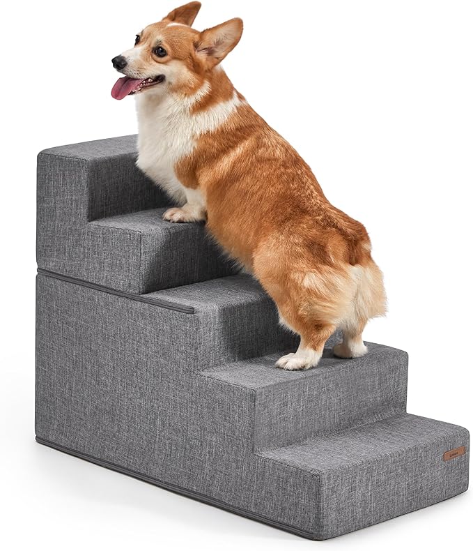 Lesure Dog Stairs for Small Dogs - Pet Stairs for High Beds and Couch, Folding Pet Steps with CertiPUR-US Certified Foam for Cat and Doggy, Non-Slip Bottom Dog Steps, Grey Linen, 5 Steps