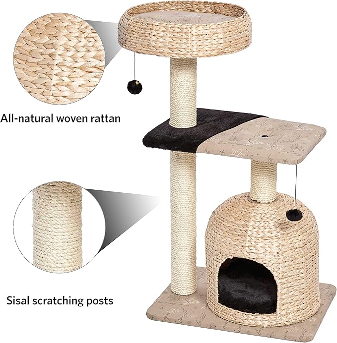 MidWest Homes for Pets Cat Tree | Nest Cat Furniture, 3-Tier Cat Activity Tree w/ Sisal Wrapped Support Scratching Posts & Dangle Play Balls, Woven Rattan & Script Medium Cat Tree