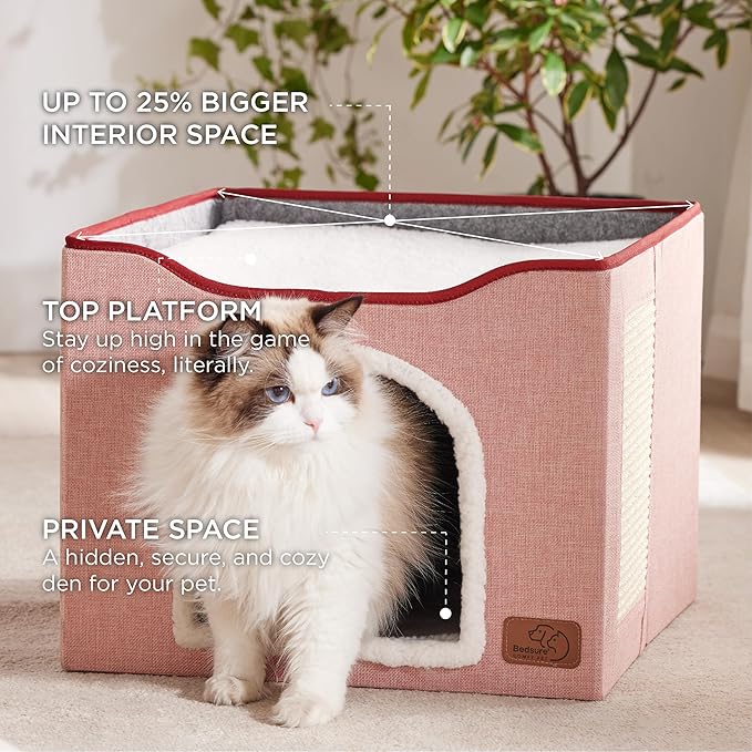 Bedsure Cat Beds for Indoor Cats - Large Cat Cave for Pet Cat House with Fluffy Ball Hanging and Scratch Pad, Foldable Cat Hideaway,16.5x16.5x13 inches, Pink