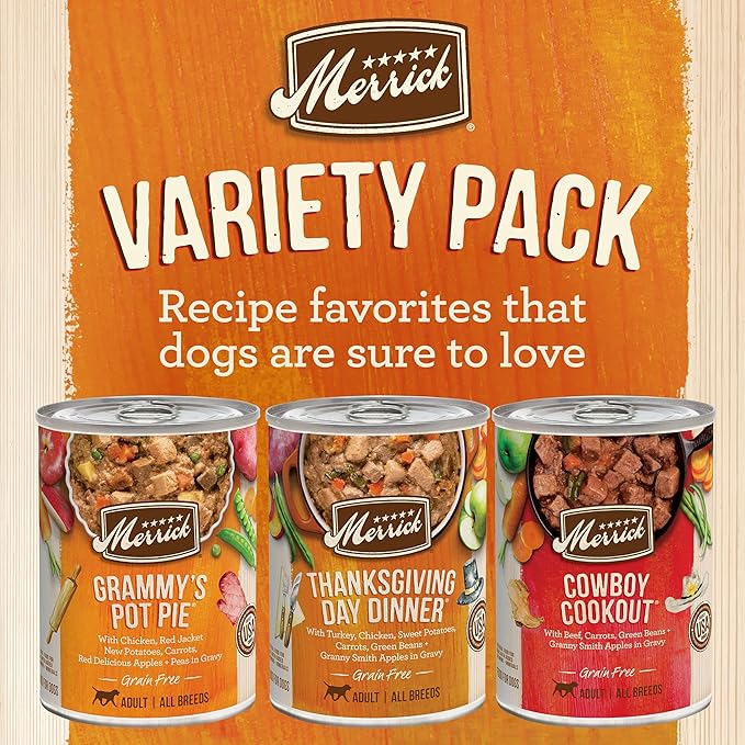 Merrick Grain Free Wet Dog Food Variety Pack, Grain Free Favorites Canned Dog Food - (12) 12.7 oz. Cans